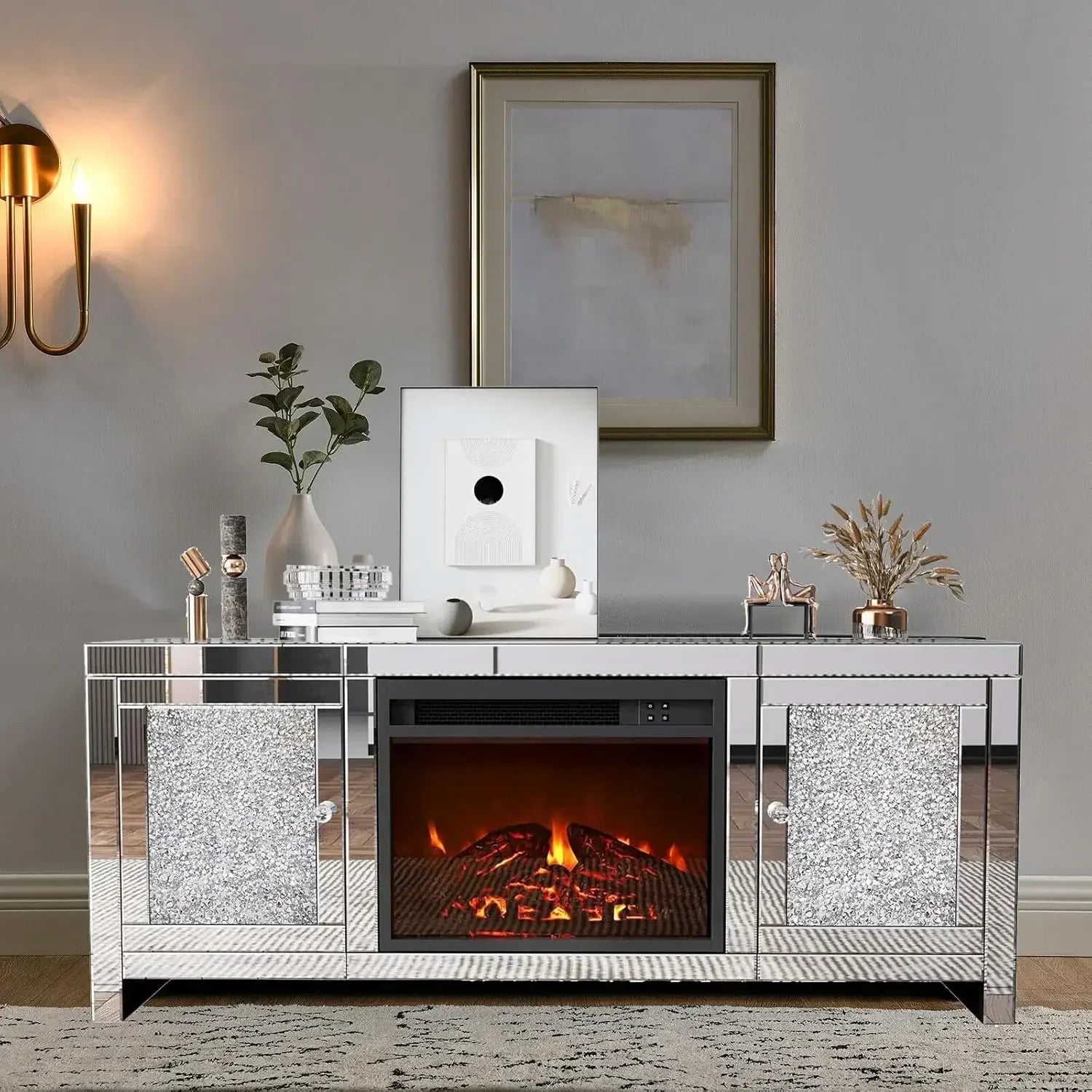%a Mirrored Fireplace TV Stand with LED Light Modern Entertainment Center