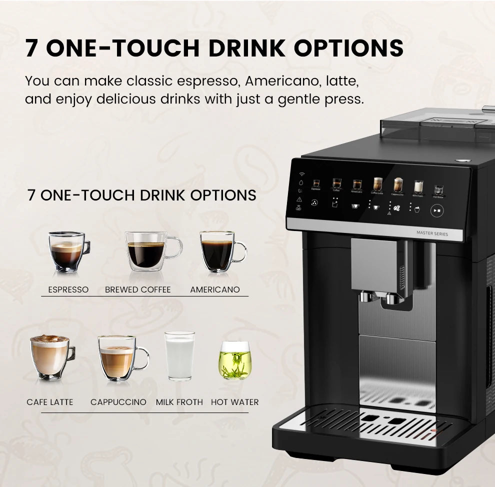 Mcilpoog M3 Automatic Espresso Coffee Machine ，Built-In Milk Frother & Tank, 7 Coffee Varieties, Touchscreen