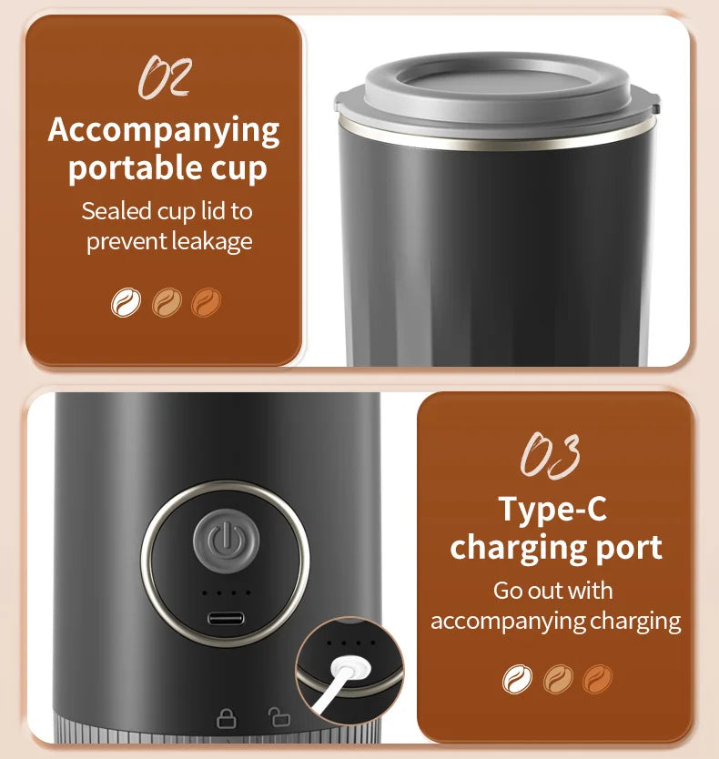 All-in-One Coffee Maker Travel-Friendly Handheld Espresso Machine with Built-in Grinder Mini Pour over Cup for Home And Outdoor