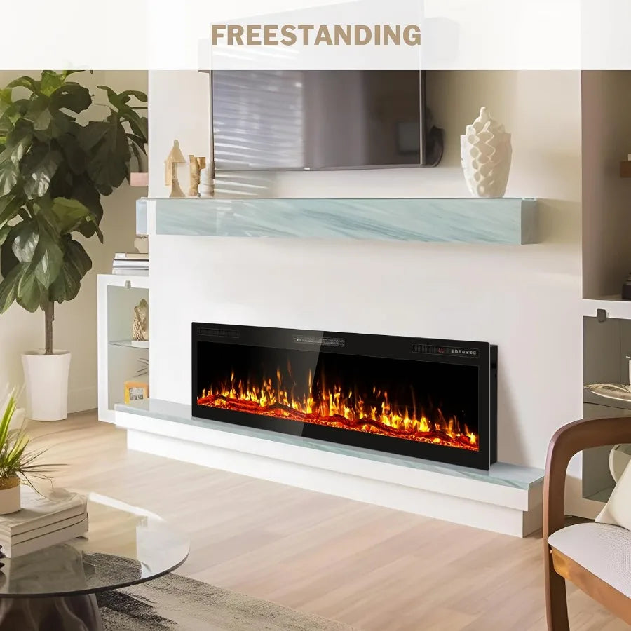 60 Inch Electric Fireplace Wall Mounted and Recessed with Remote Control Color Adjustable Realistic Flame with Timer 1500W 750W