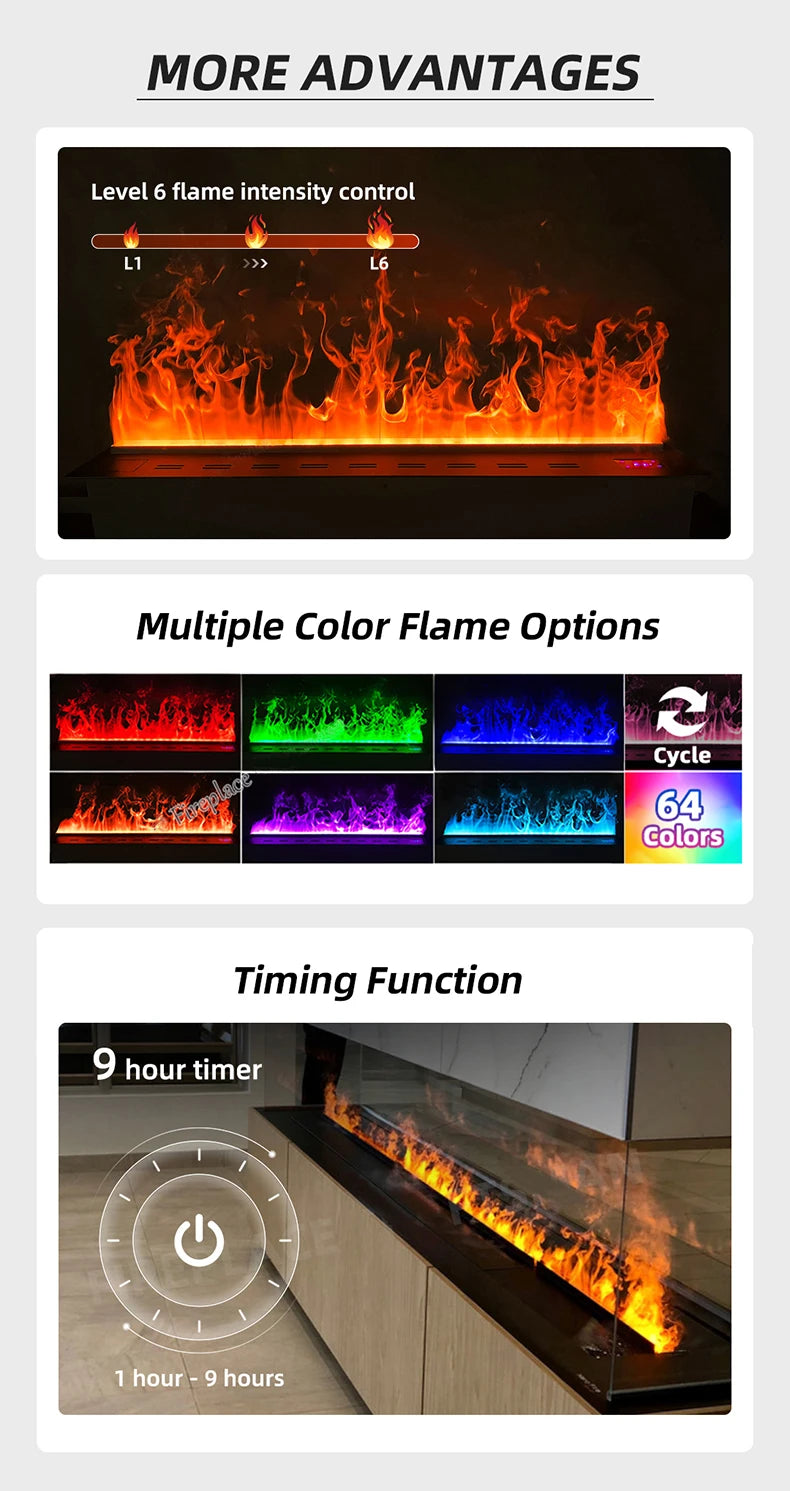 Smart 3D Atomizing Electric Fireplace - Colorful LED Steam Flame, App & Remote Control, Humidifier