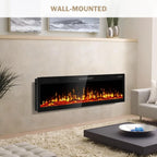 60 Inch Electric Fireplace Wall Mounted and Recessed with Remote Control Color Adjustable Realistic Flame with Timer 1500W 750W