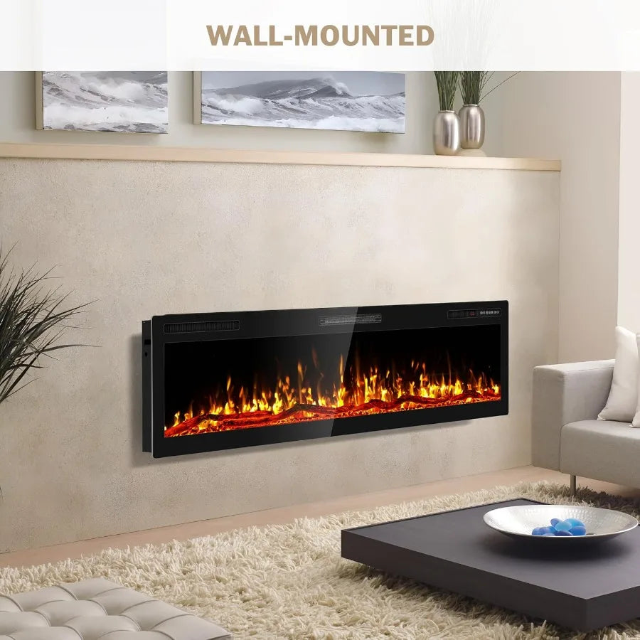 60 Inch Electric Fireplace Wall Mounted and Recessed with Remote Control Color Adjustable Realistic Flame with Timer 1500W 750W