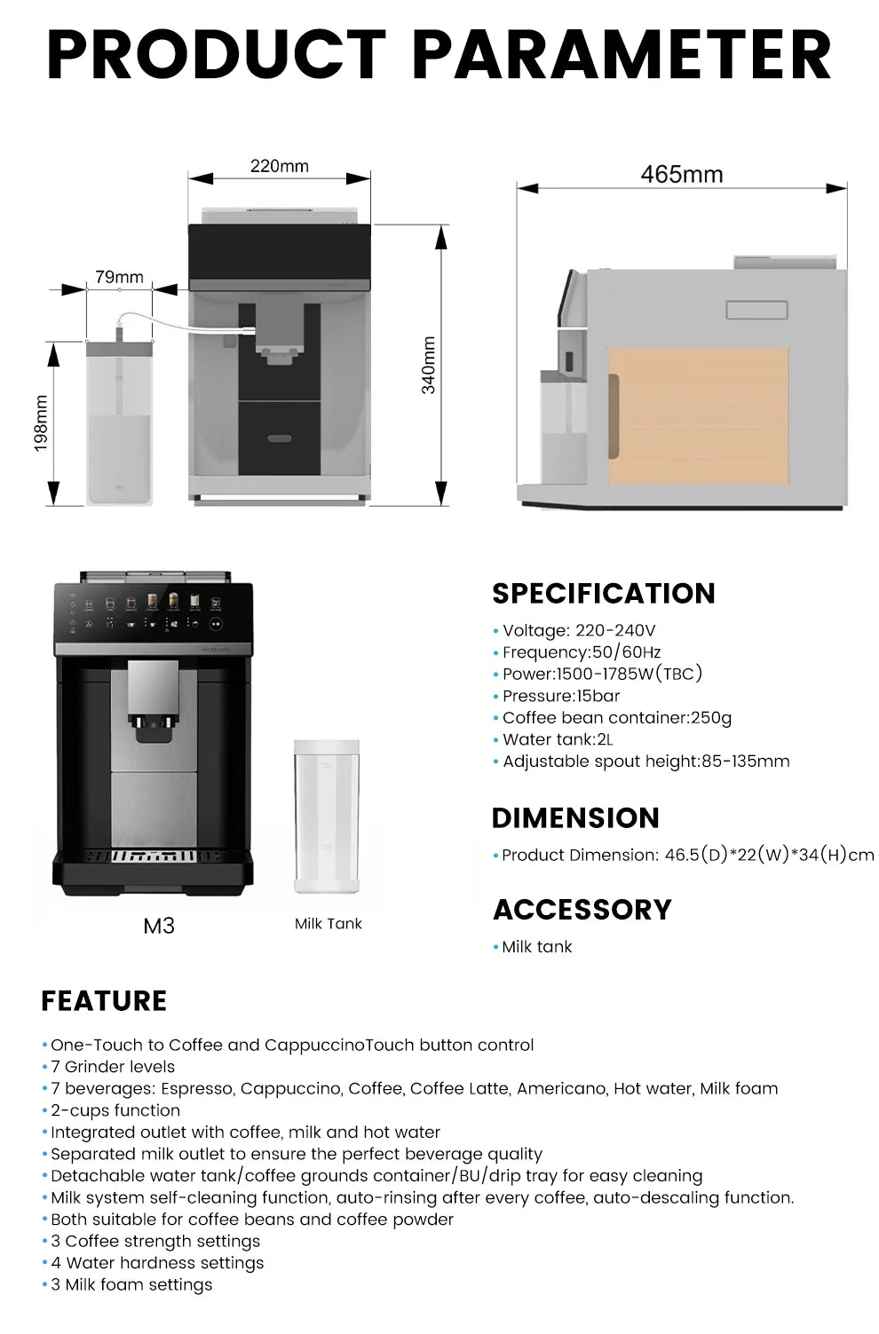 Mcilpoog M3 Automatic Espresso Coffee Machine ，Built-In Milk Frother & Tank, 7 Coffee Varieties, Touchscreen