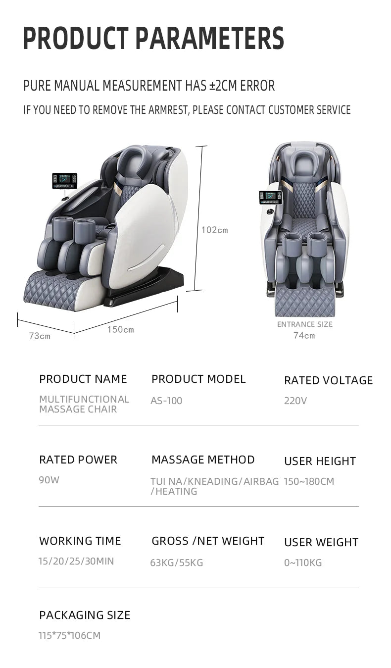 AS-100 Automatic Home Full Body Airbag Kneading  Massag Chair Electric Zero Gravity Massage Chair with Bluetooth Voice Control