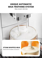 Mcilpoog M3 Automatic Espresso Coffee Machine ，Built-In Milk Frother & Tank, 7 Coffee Varieties, Touchscreen