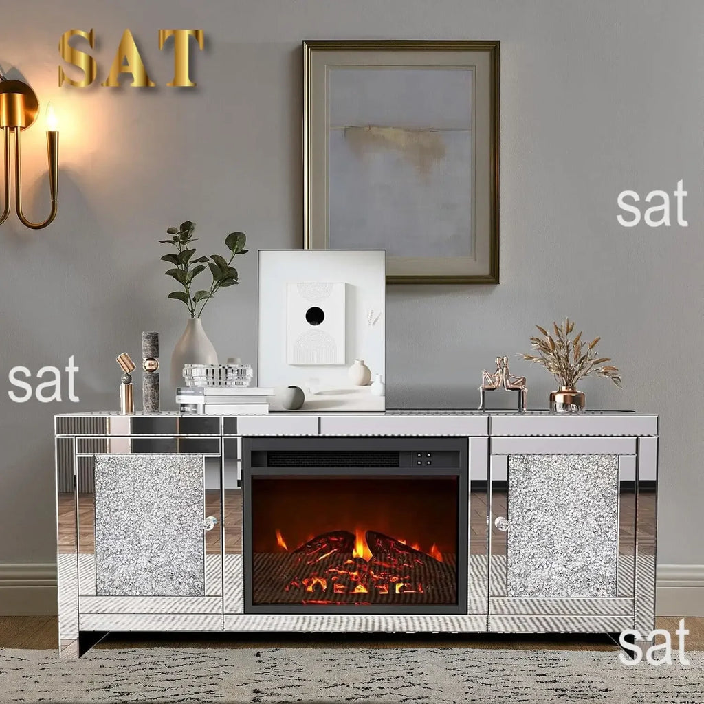 %a Mirrored Fireplace TV Stand with LED Light Modern Entertainment Center