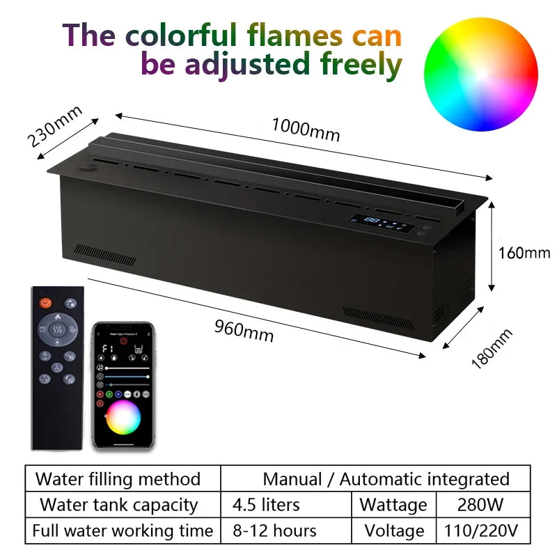 Electric LED Fireplace 3D Flame Water Vapor Steam Fire Place Auto Fill & Drain Fake Flame Fireplace for Living Room Home Decor