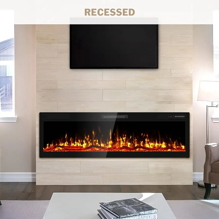 60 Inch Electric Fireplace Wall Mounted and Recessed with Remote Control Color Adjustable Realistic Flame with Timer 1500W 750W