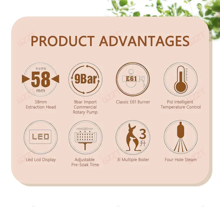 Classic E61 Brewing Group Head Coffee Machine with 9 Bar Pressure Multifunctional Commercial Espresso Coffee Maker for Cafe Shop