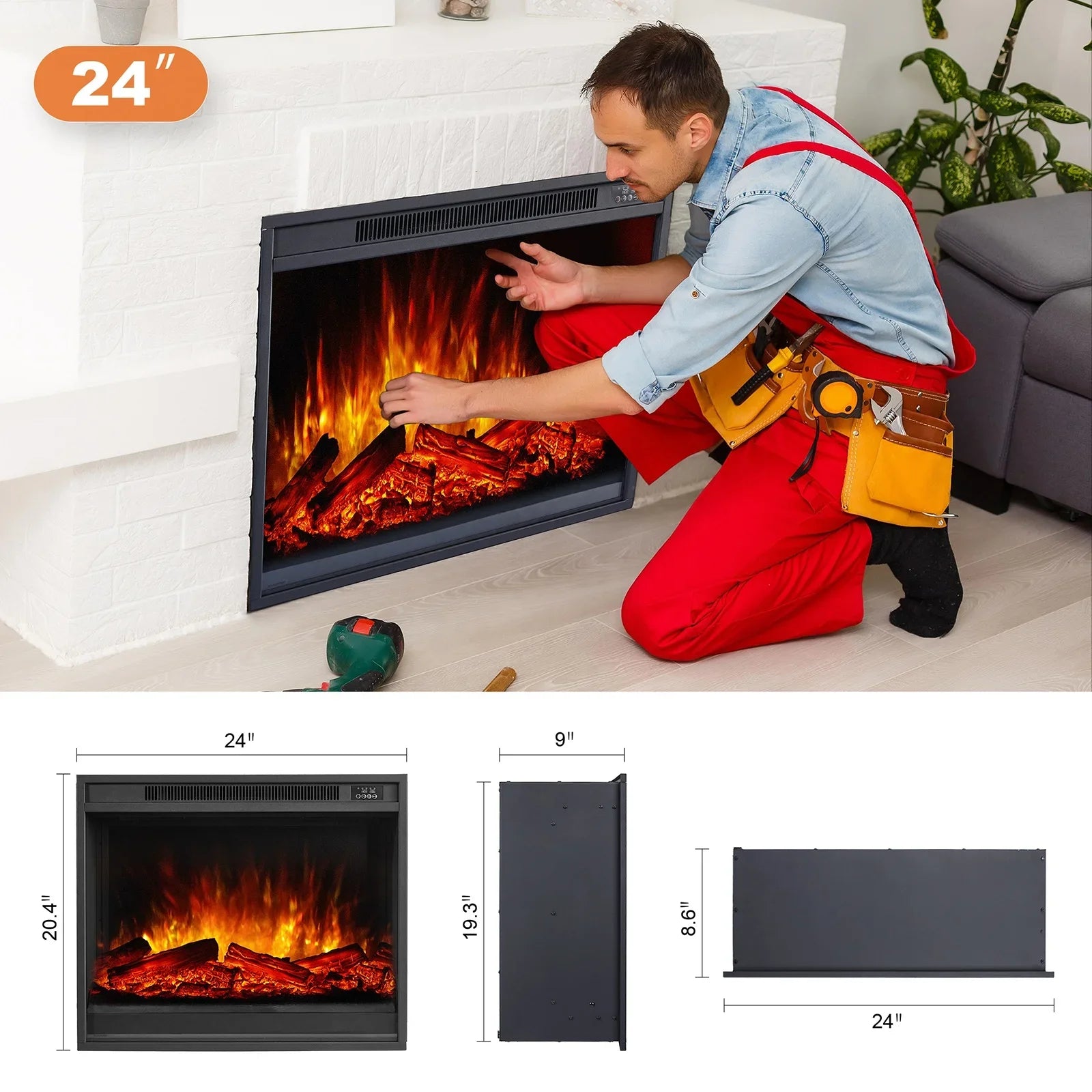 Electric FireplaceTV Stand RGB Electric Fireplace Heater 750w/1500w Wall Recessed Electric 24 Inch Square Fireplace UKCA/ETL/CE/