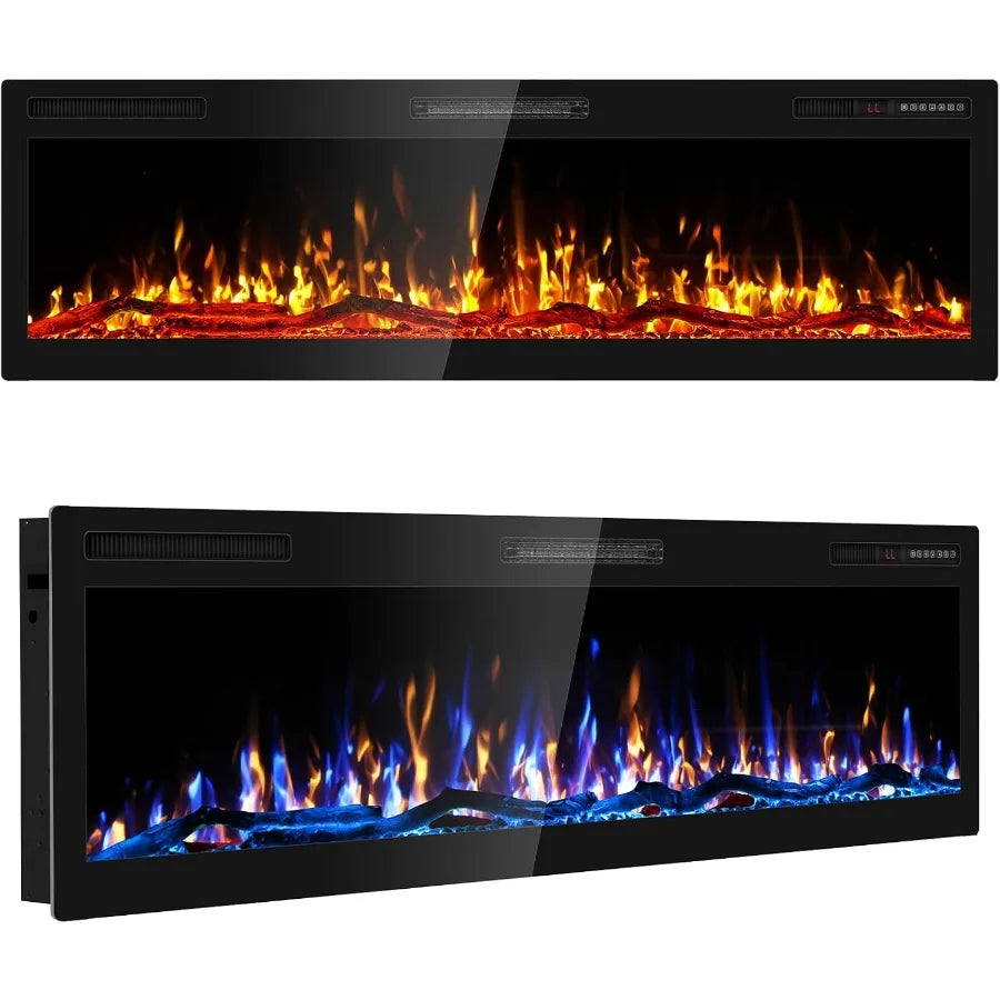 60 Inch Electric Fireplace Wall Mounted and Recessed with Remote Control Color Adjustable Realistic Flame with Timer 1500W 750W