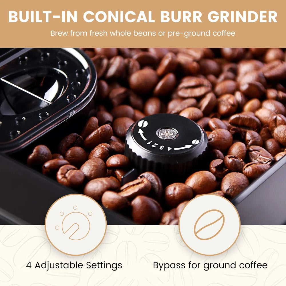 Mcilpoog M3 Automatic Espresso Coffee Machine ，Built-In Milk Frother & Tank, 7 Coffee Varieties, Touchscreen