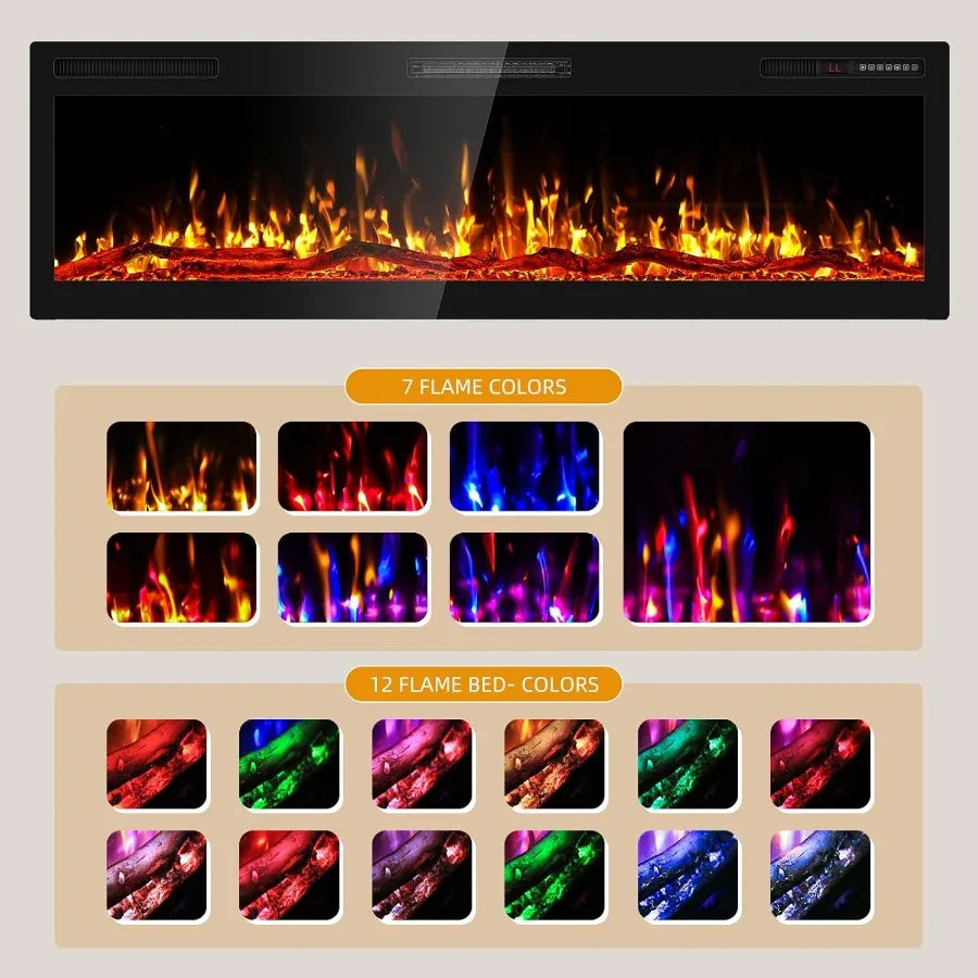 60 Inch Electric Fireplace Wall Mounted and Recessed with Remote Control Color Adjustable Realistic Flame with Timer 1500W 750W