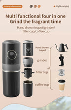 All-in-One Coffee Maker Travel-Friendly Handheld Espresso Machine with Built-in Grinder Mini Pour over Cup for Home And Outdoor