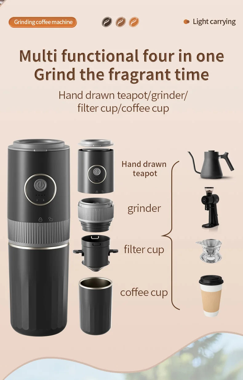 All-in-One Coffee Maker Travel-Friendly Handheld Espresso Machine with Built-in Grinder Mini Pour over Cup for Home And Outdoor