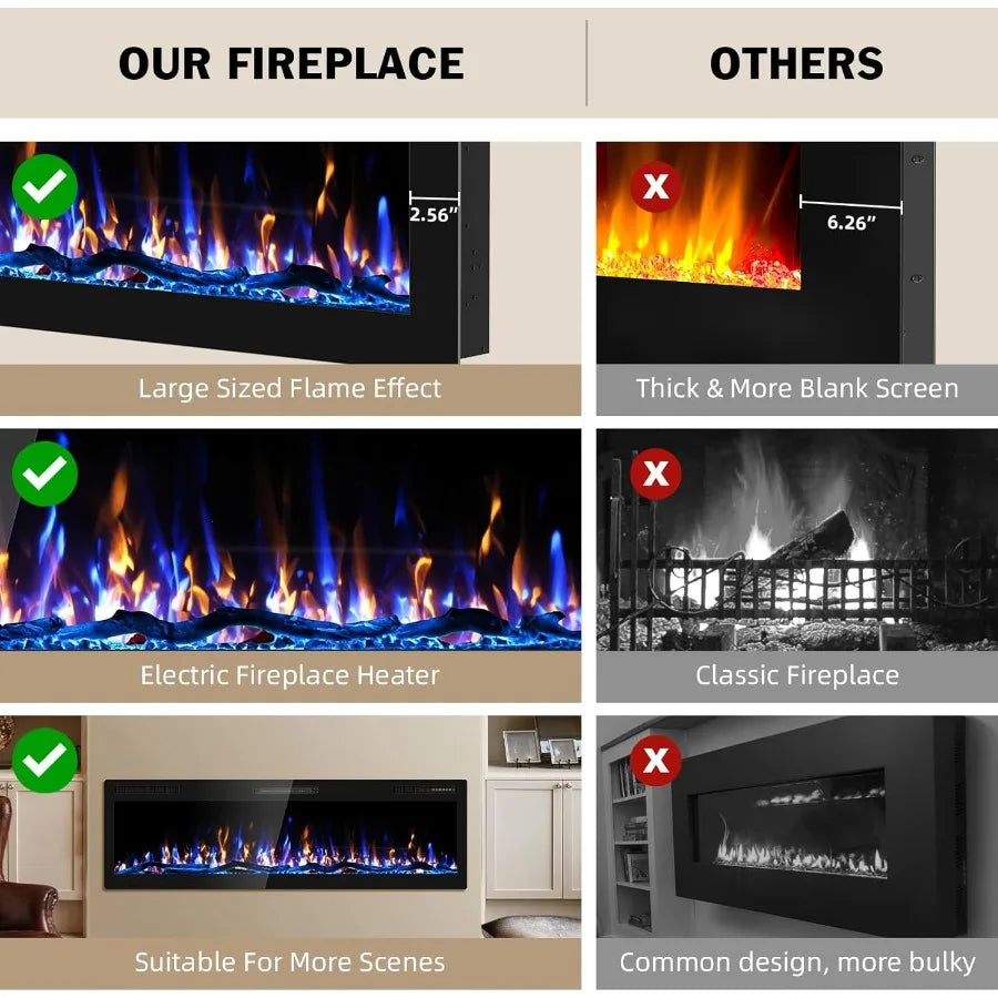 60 Inch Electric Fireplace Wall Mounted and Recessed with Remote Control Color Adjustable Realistic Flame with Timer 1500W 750W