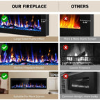 60 Inch Electric Fireplace Wall Mounted and Recessed with Remote Control Color Adjustable Realistic Flame with Timer 1500W 750W