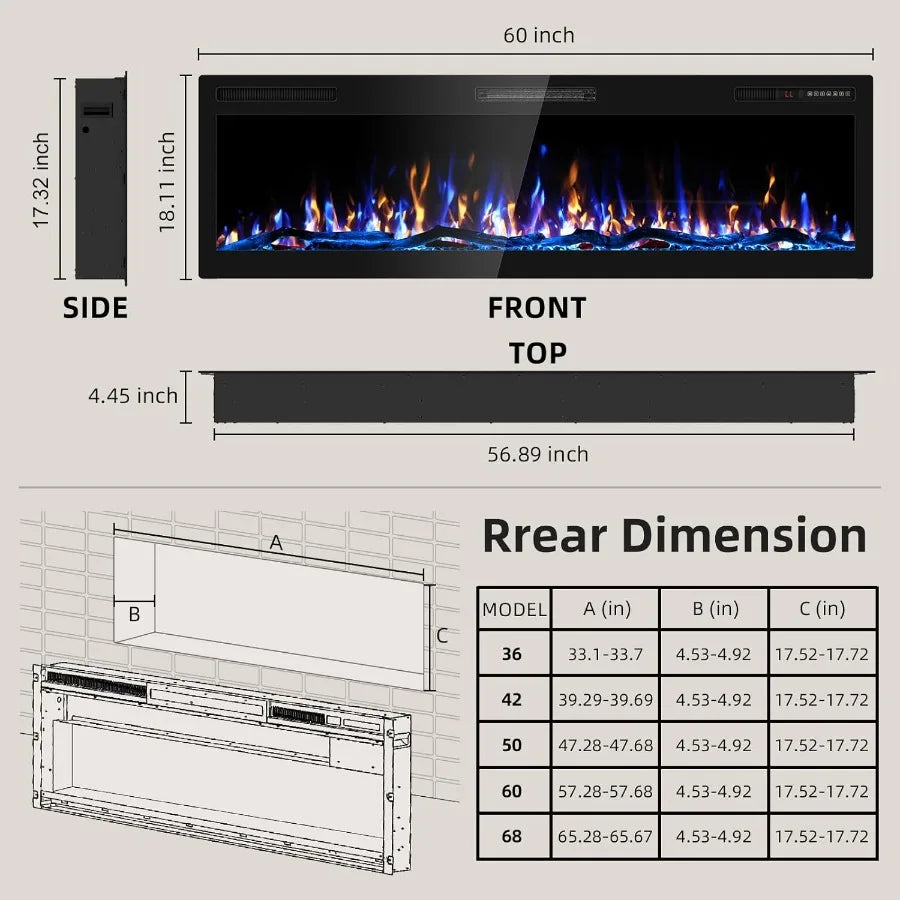 60 Inch Electric Fireplace Wall Mounted and Recessed with Remote Control Color Adjustable Realistic Flame with Timer 1500W 750W