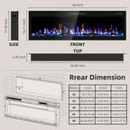 60 Inch Electric Fireplace Wall Mounted and Recessed with Remote Control Color Adjustable Realistic Flame with Timer 1500W 750W