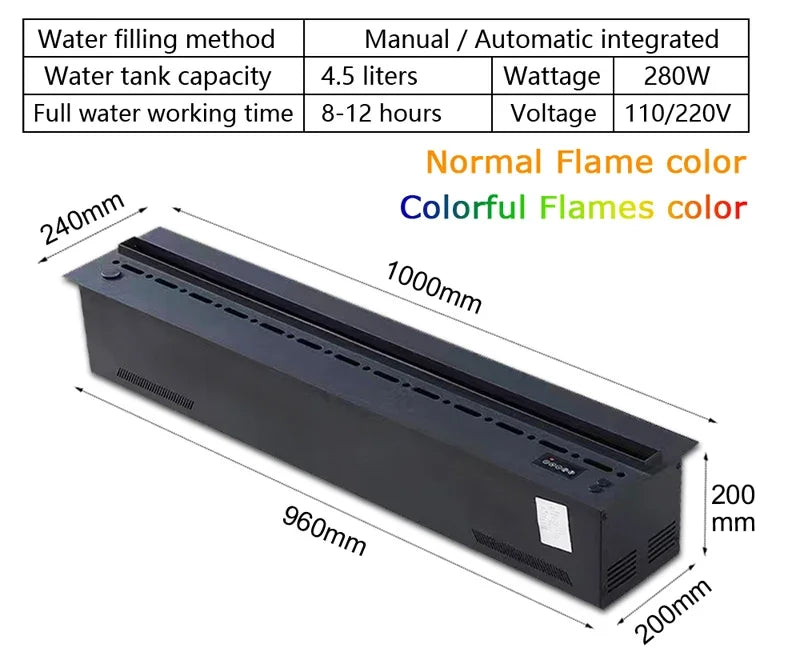 Electric LED Fireplace 3D Flame Water Vapor Steam Fire Place Auto Fill & Drain Fake Flame Fireplace for Living Room Home Decor