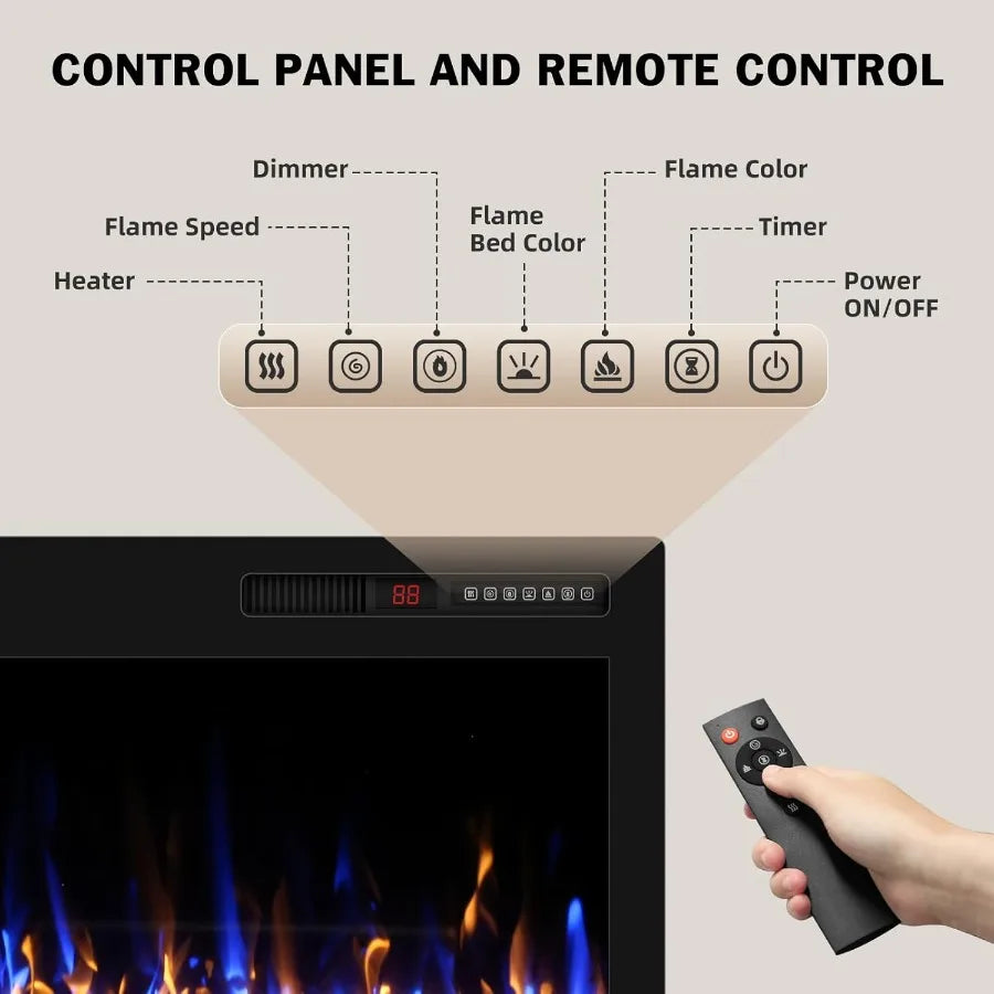 60 Inch Electric Fireplace Wall Mounted and Recessed with Remote Control Color Adjustable Realistic Flame with Timer 1500W 750W