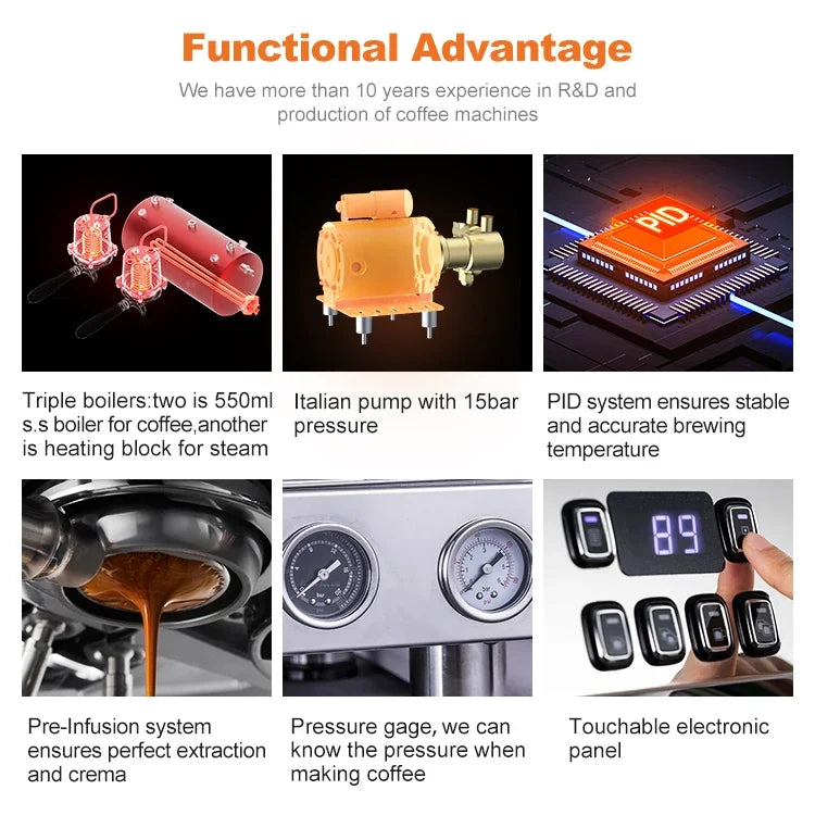 Commercial Coffee Machine CRM3120C Dual Head Coffee Machine, Independent Multi Boiler System, Adjustable Extraction Temperature