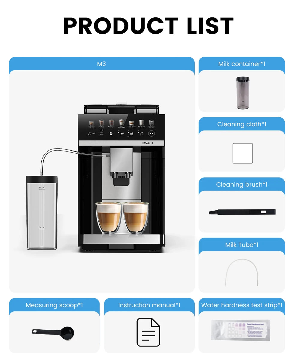 Mcilpoog M3 Automatic Espresso Coffee Machine ，Built-In Milk Frother & Tank, 7 Coffee Varieties, Touchscreen
