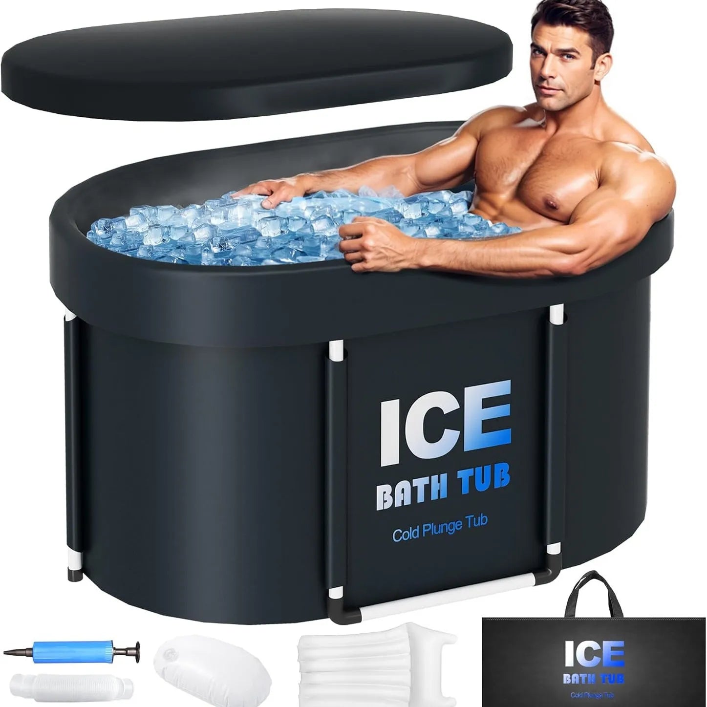 Portable 130 Gallons Ice Bath Tub with Insulated Lid, Foldable Cold Plunge Therapy Tank for  Hot Cold Water Tub ，ice bath bucket